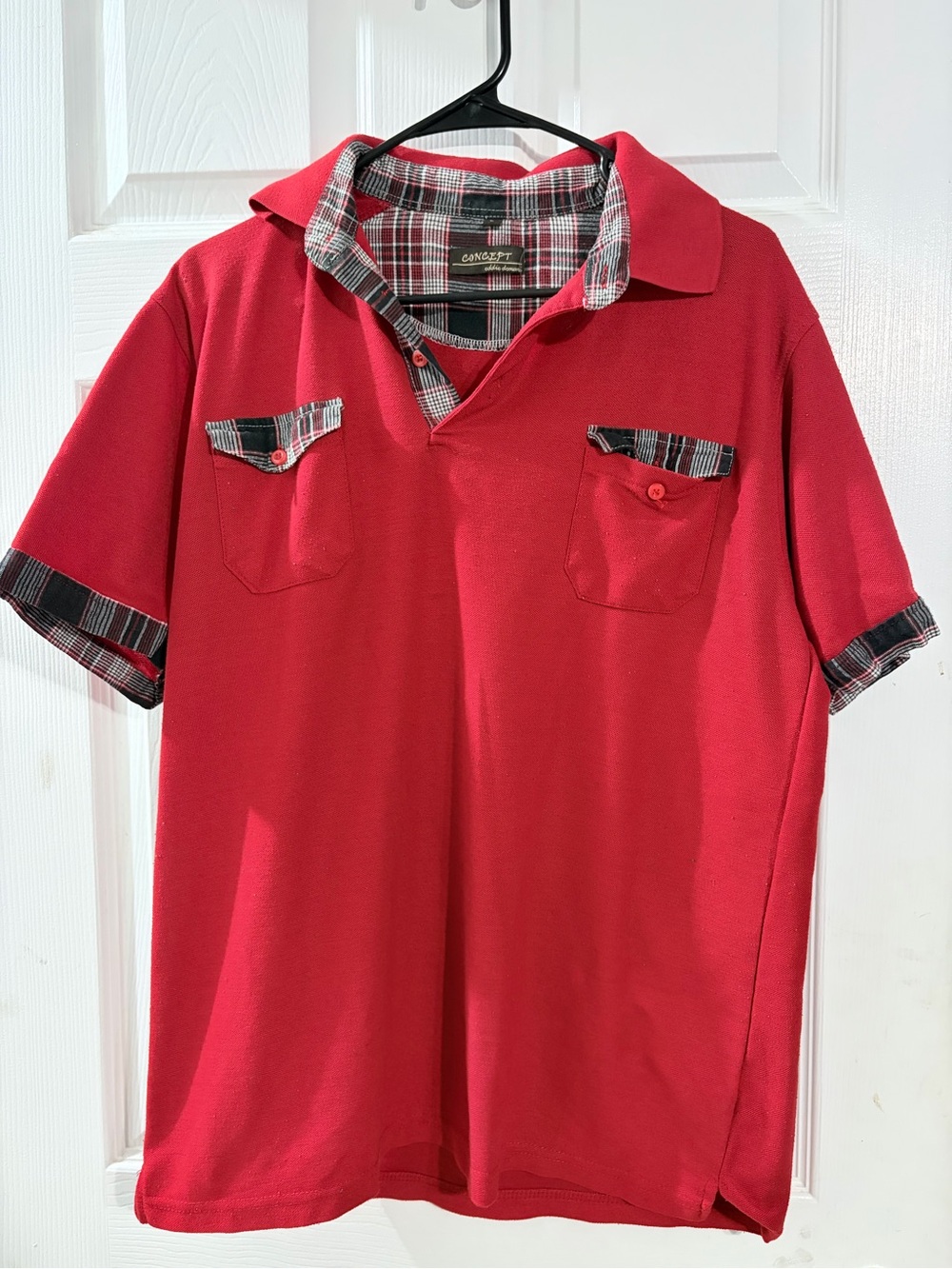 Concept Eddie Domani Men’s L Red Plaid Trim Double Pocket Polo Y2K